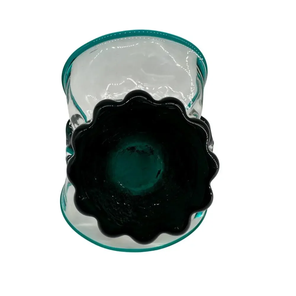 Vintage Hand Blown Art Glass Basket Teal Blue Rim Rope Handle Murano Style